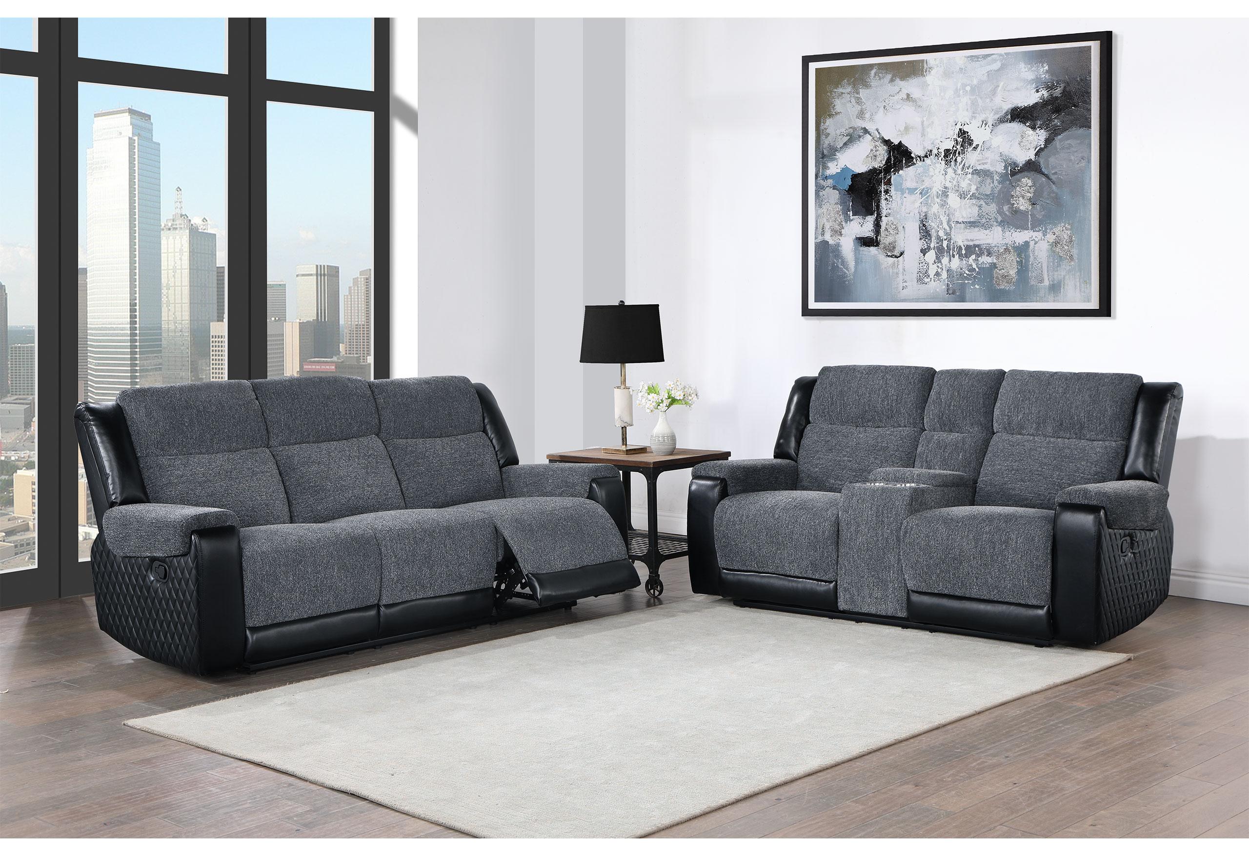 U5914 GREY/BLACK RECLINING SOFA/CONSOLE RECLINING LOVESEAT