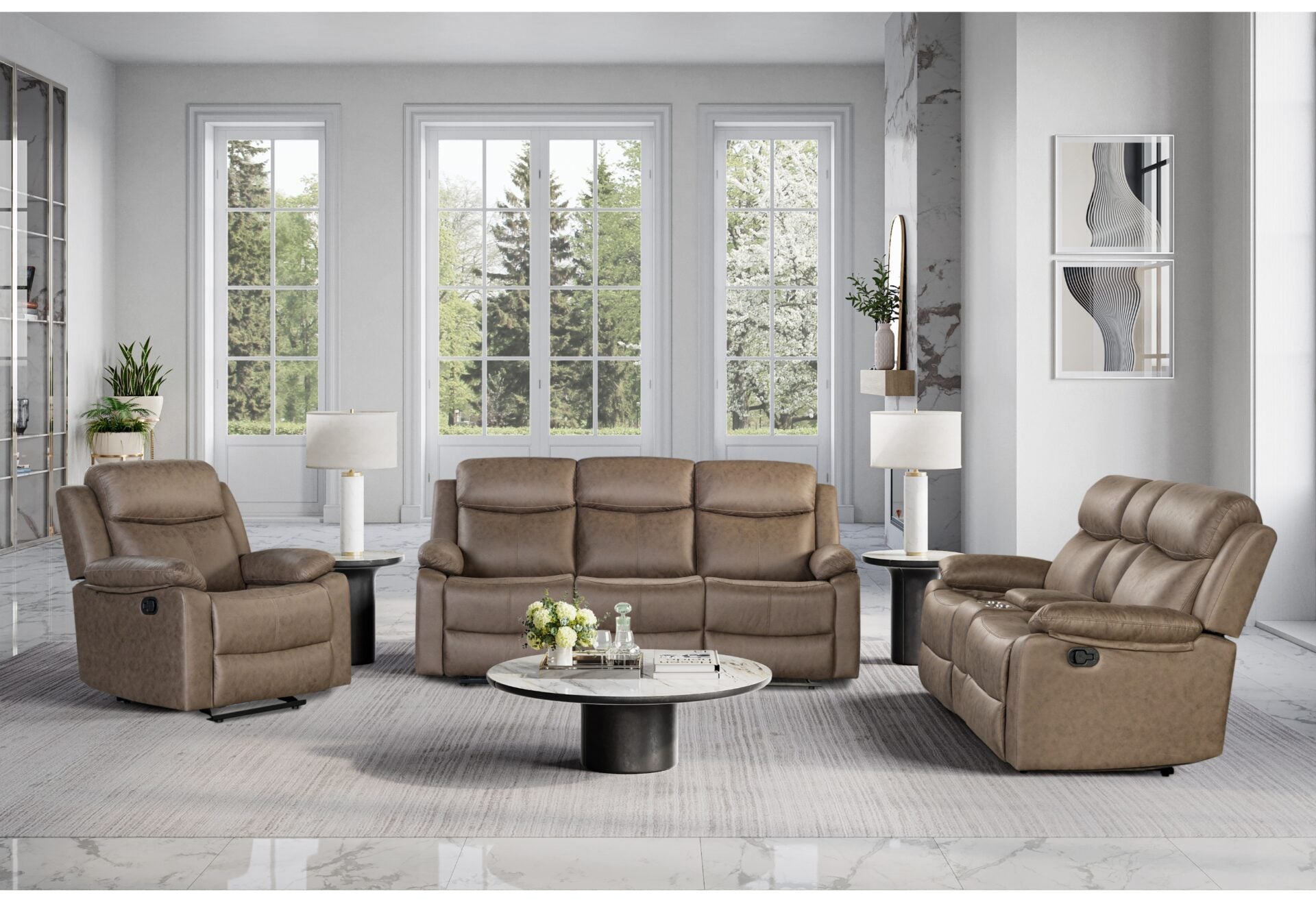 U6026 Brown Reclining Sofa-Reclining Console Loveseat with Glider Recliner