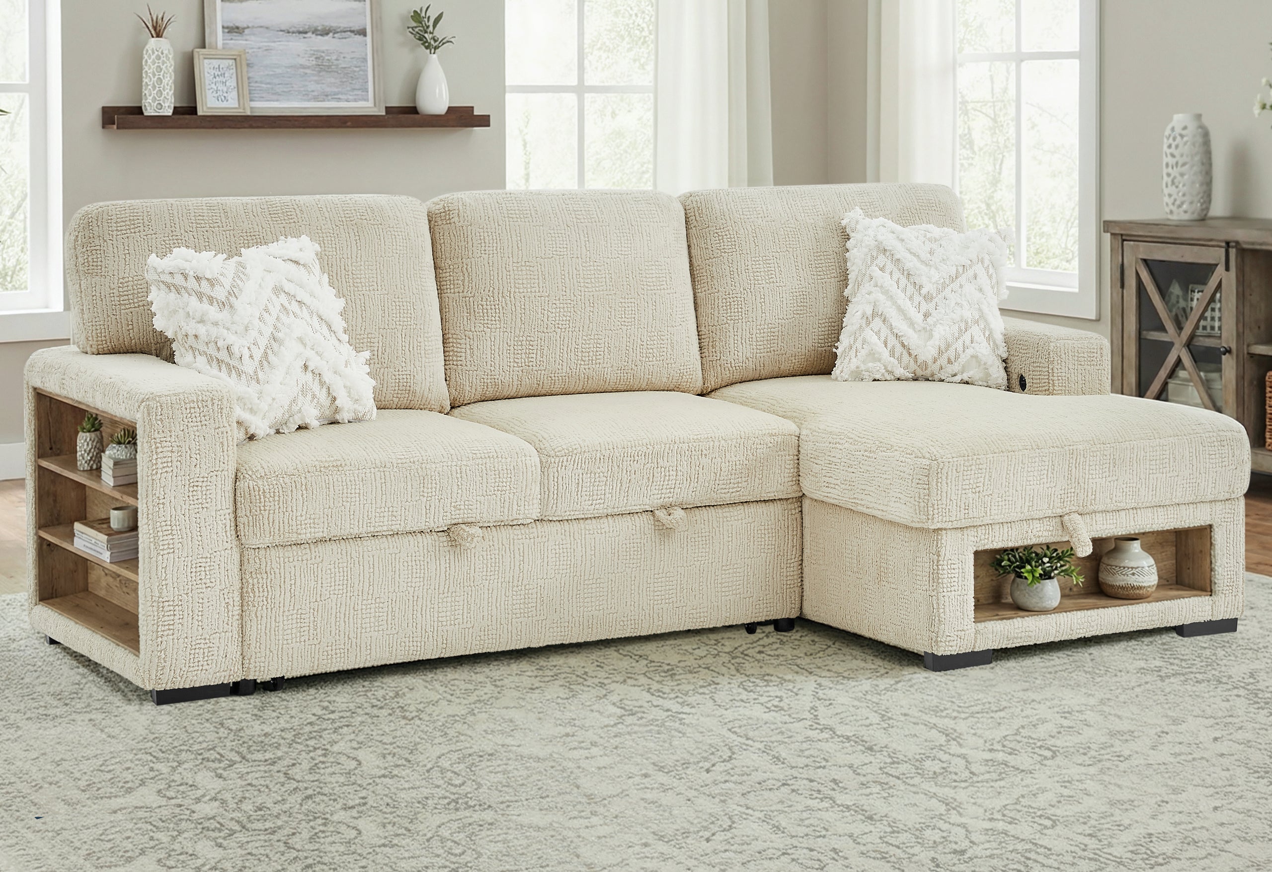 U0222 IVORY PULL OUT SOFA BED WITH SPEAKER AND 2 PILLOWS