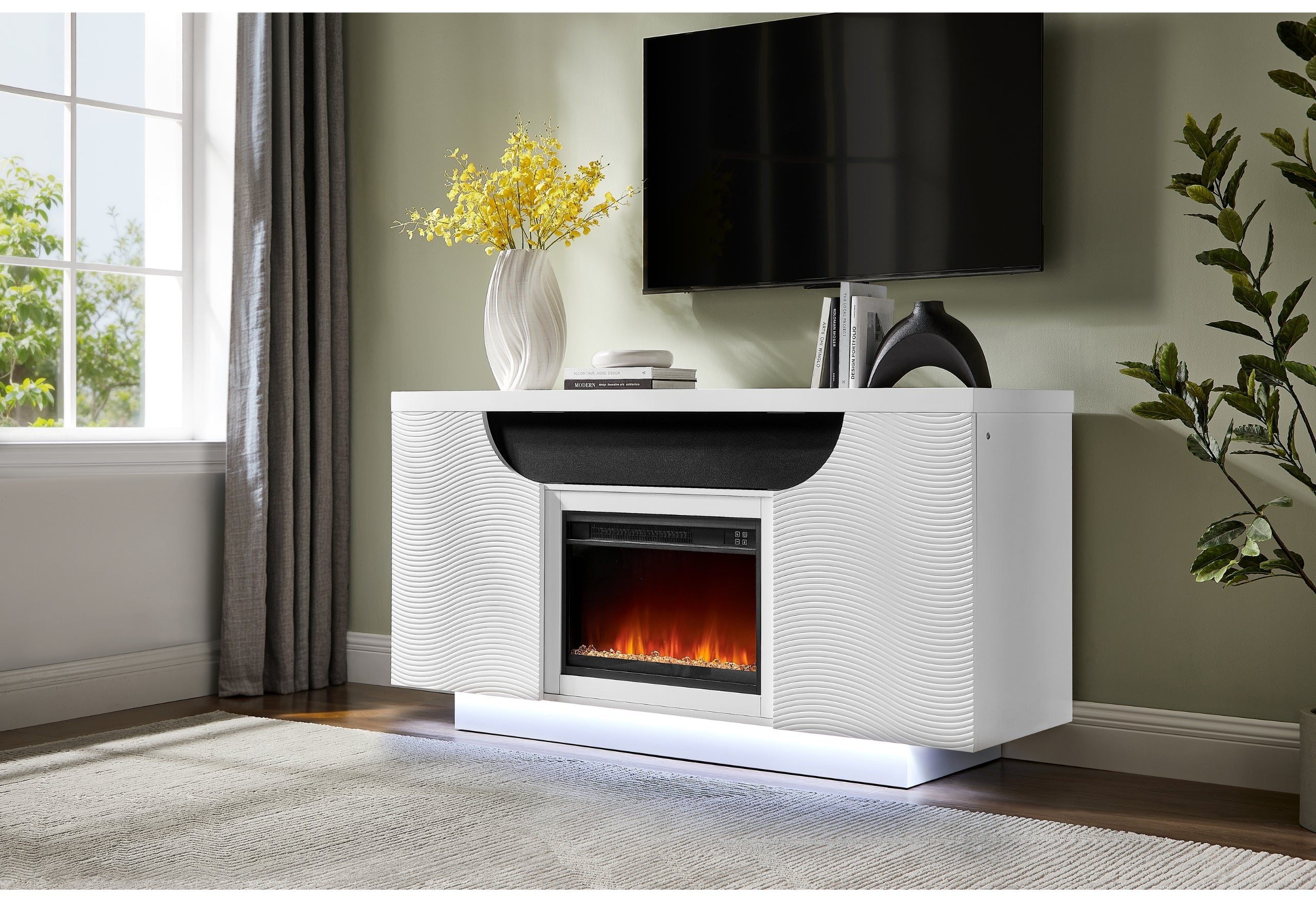 AILEEN WHITE 66" ENT UNIT W/LED, SPEAKERS, CRYSTAL AND POP-UP DOORS