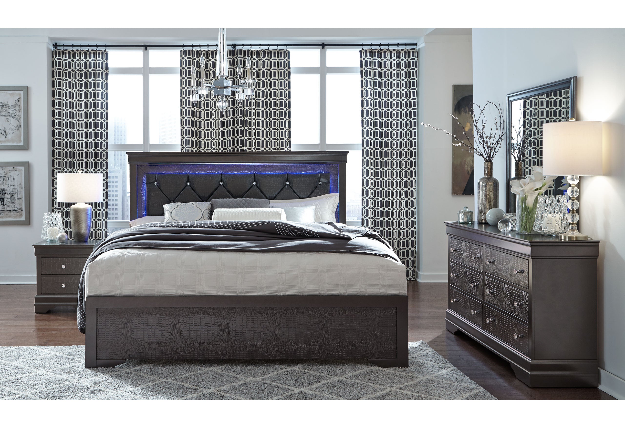 POMPEI METALLIC GREY QUEEN BED W/LED, DRESSER, MIRROR AND NIGHTSTAND