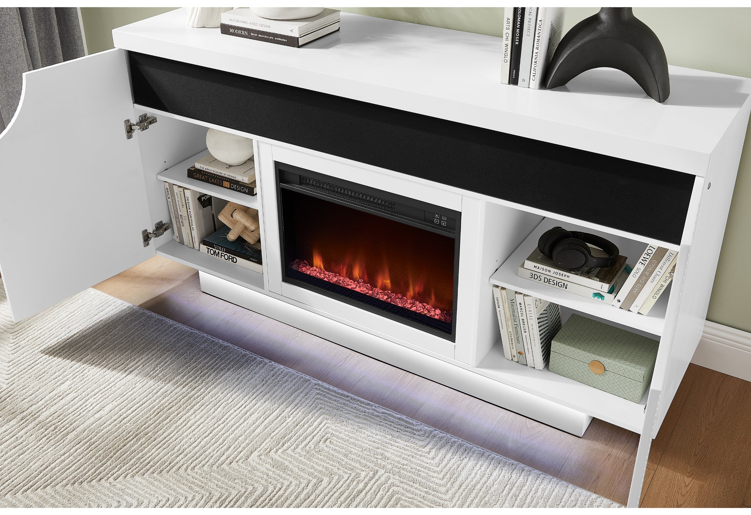 AILEEN WHITE 66" ENT UNIT W/LED, SPEAKERS, CRYSTAL AND POP-UP DOORS