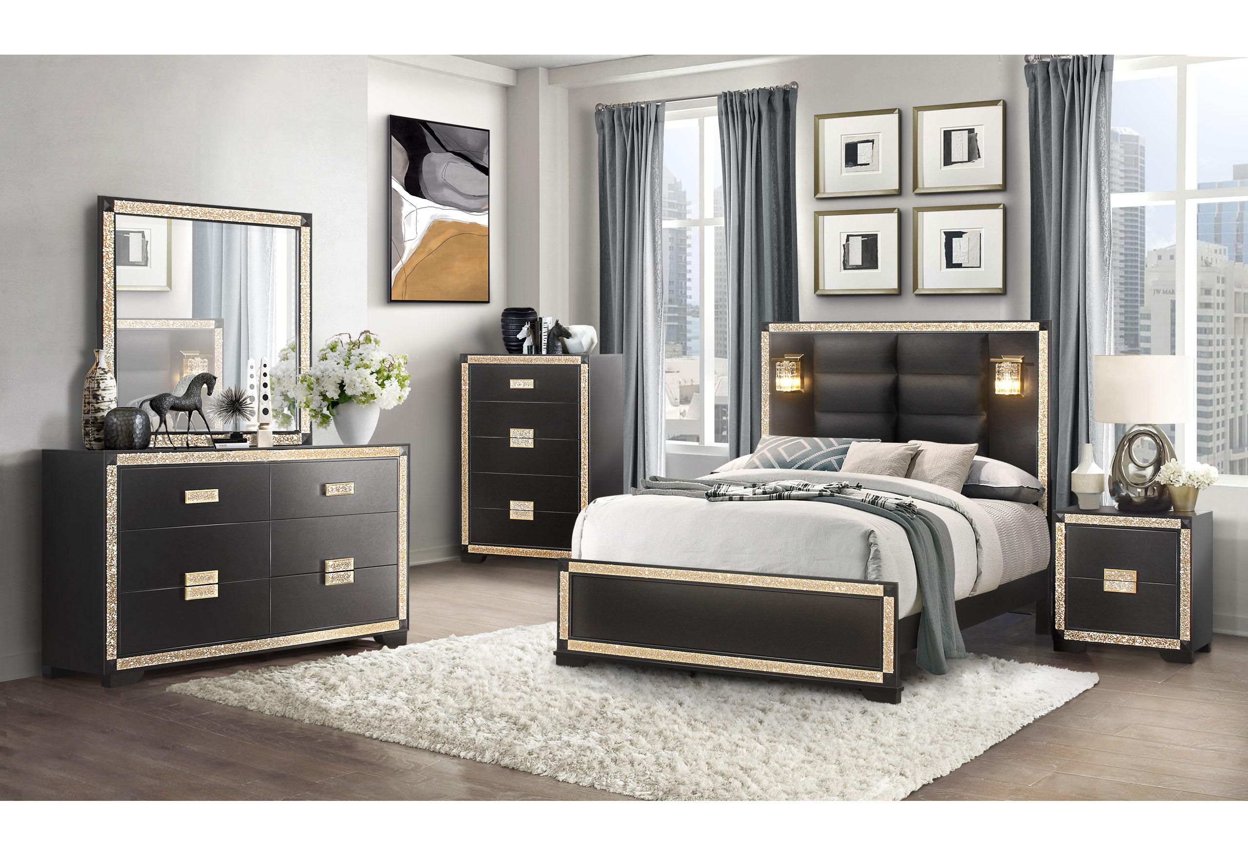 BLAKE BLACK/GOLD KING BED WITH LAMPS, DRESSER, MIRROR, 2 NIGHTSTAND