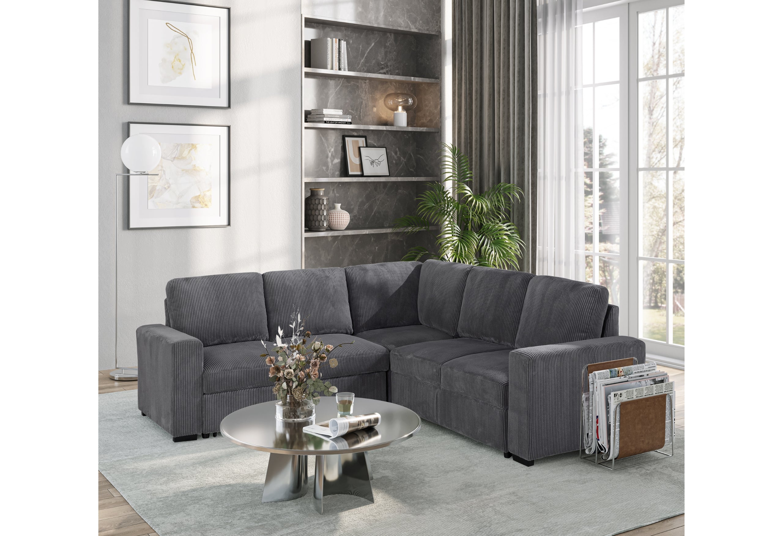 U2660 GREY SECTIONAL W/O CHAISE AND W/ PULLOUT SOFA BED