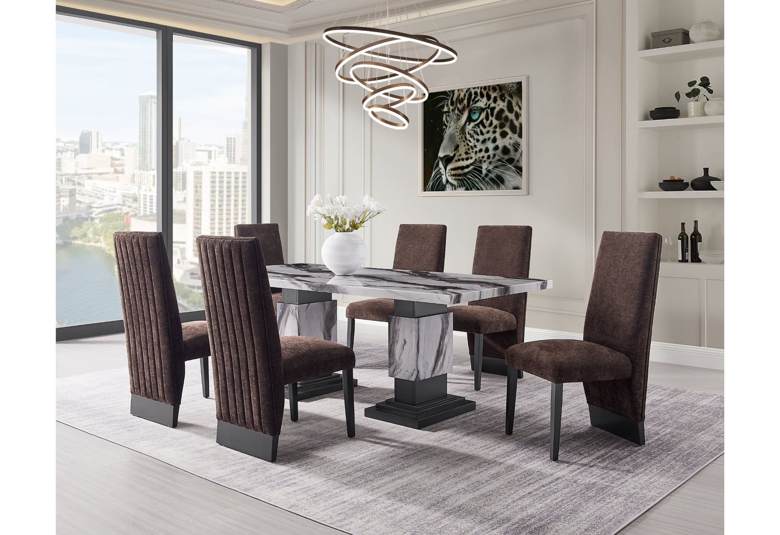 D12 DINING TABLE AND 6 D12 BROWN DINING CHAIRS