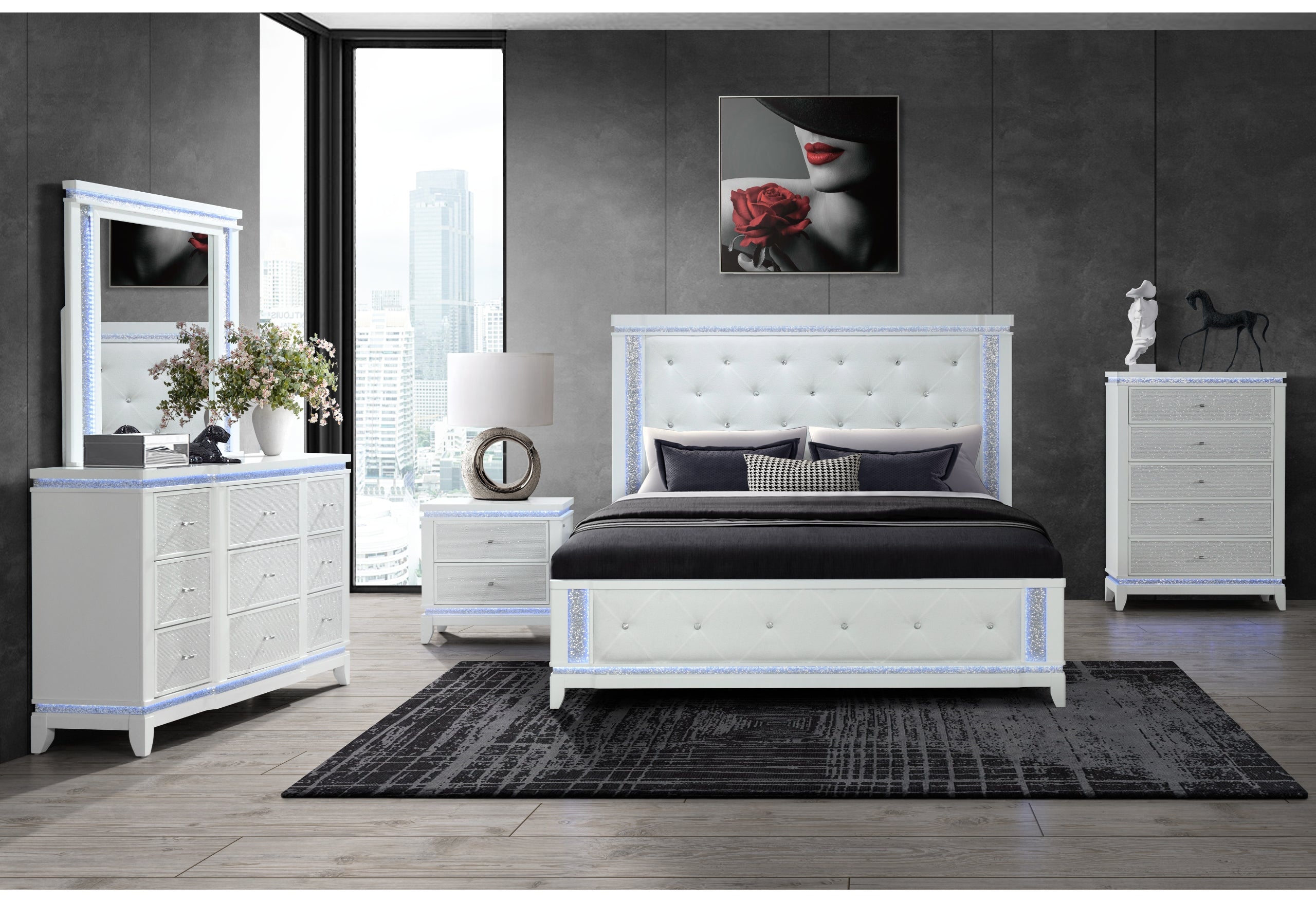 ALINA WHITE FULL BED GROUP WITH LED, COOLER, SPEAKER AND USB