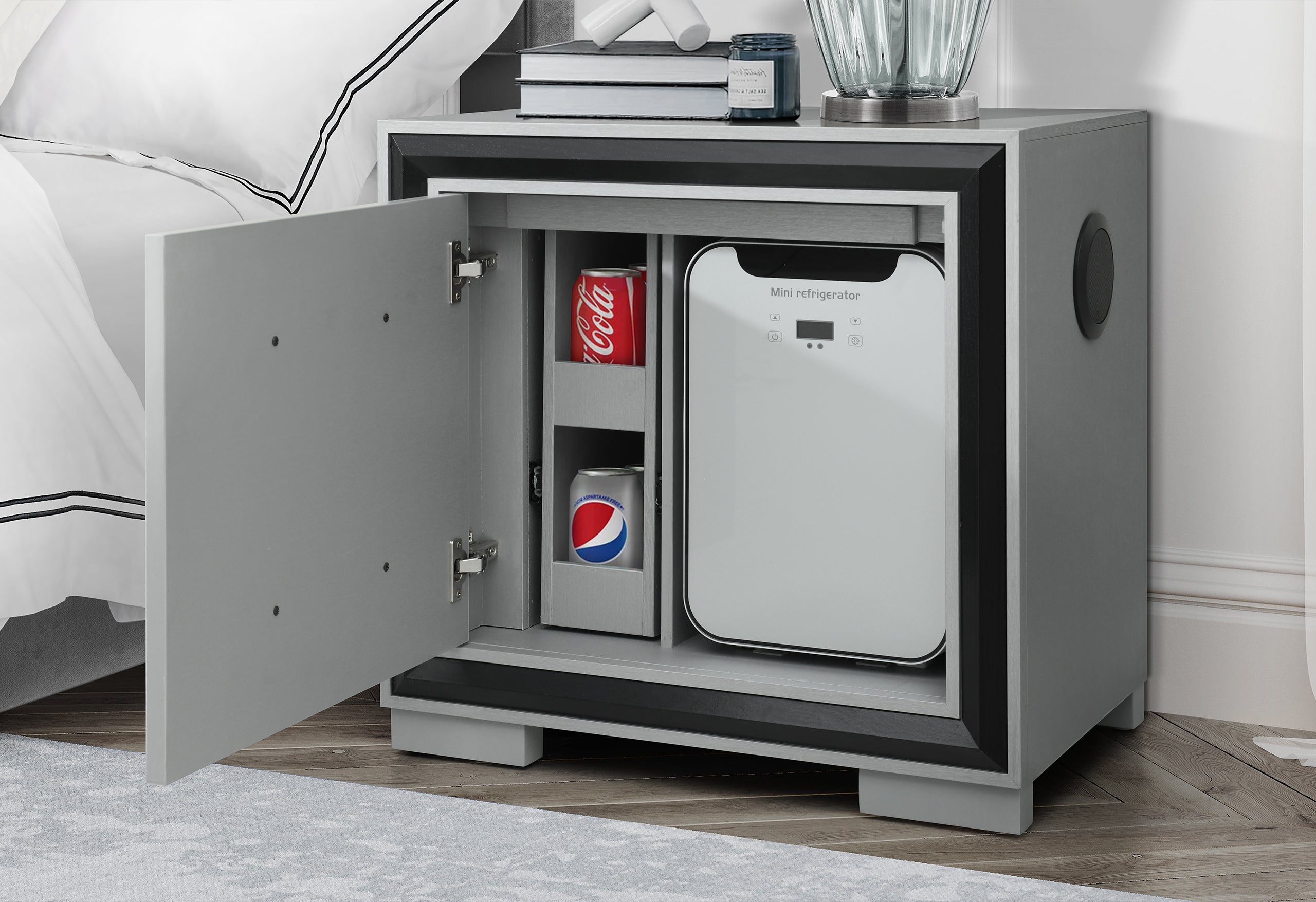 AMELIA GREY/BLACK NIGHTSTAND WITH COOLER AND SPEAKER