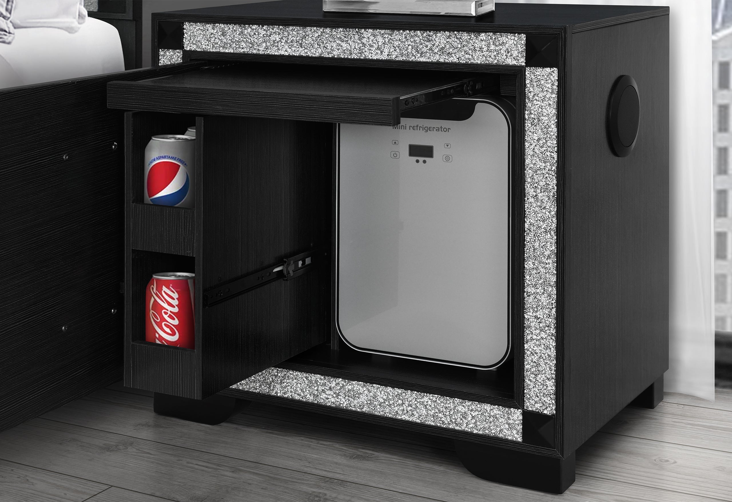 SOLEIL CHARCOAL NIGHTSTAND WITH COOLER AND SPEAKER