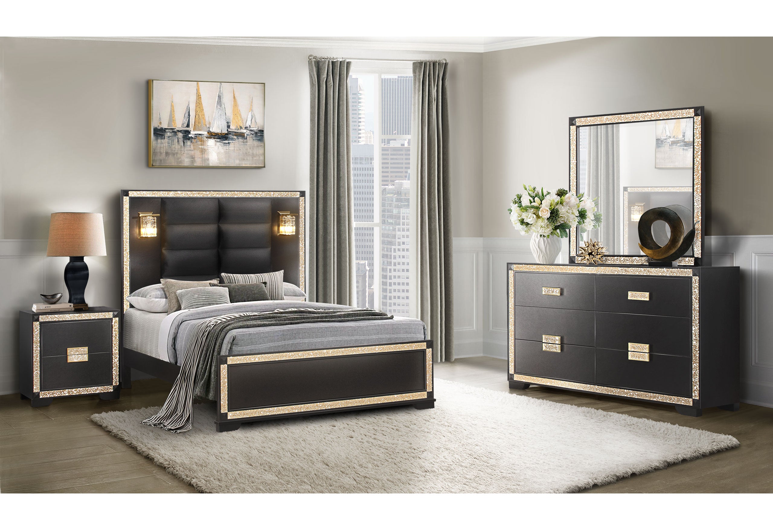 BLAKE BLACK/GOLD QUEEN BED WITH LAMPS, DRESSER, MIRROR, NIGHTSTAND